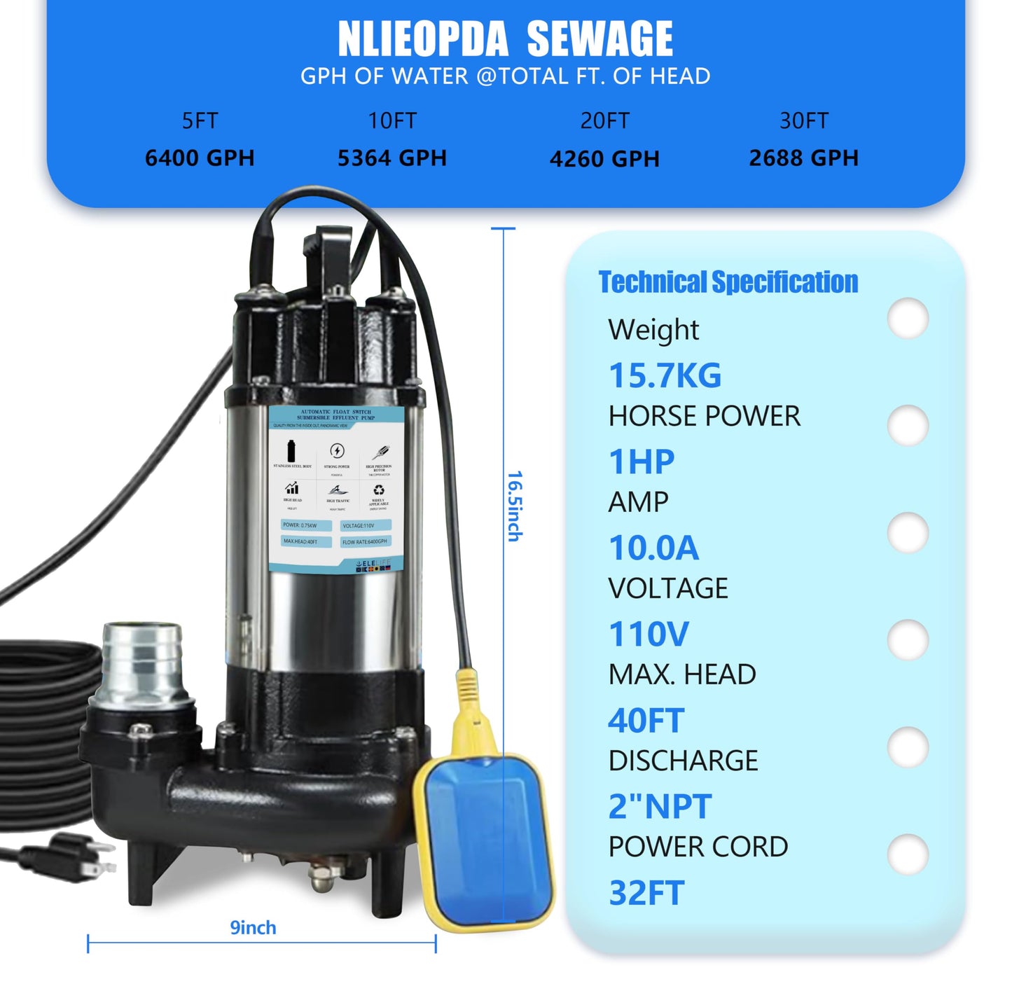 1HP Sewage Grinder Pump Submersible Effluent Pump, Sump Pump 110V 6400GPH with Automatic Float Switch,Stainless steel body and reamer.2'' NPT Discharge for Basement, Sump Basin.