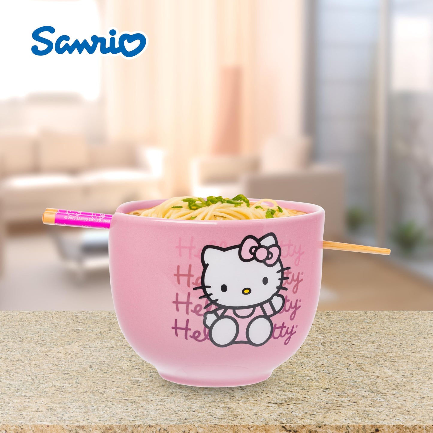Silver Buffalo Sanrio Hello Kitty Waving Pink Ceramic Ramen Noodle Rice Bowl with Chopsticks, Microwave Safe, 20 Ounces,