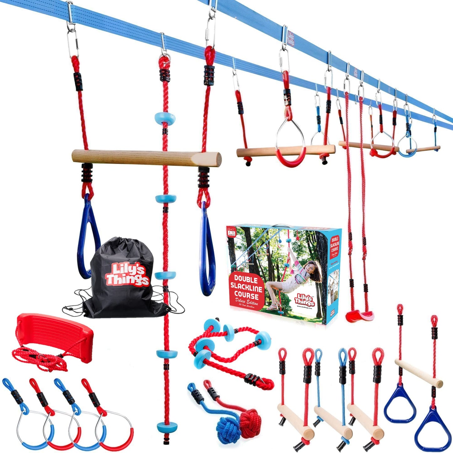 Double Ninja Slackline Obstacle Course for Kids | 110 Foot Line | Monkey Bars Playground Equipment | Ninja Warrior Obstacle Course for Kids | Patented Double Line Design (Deluxe)