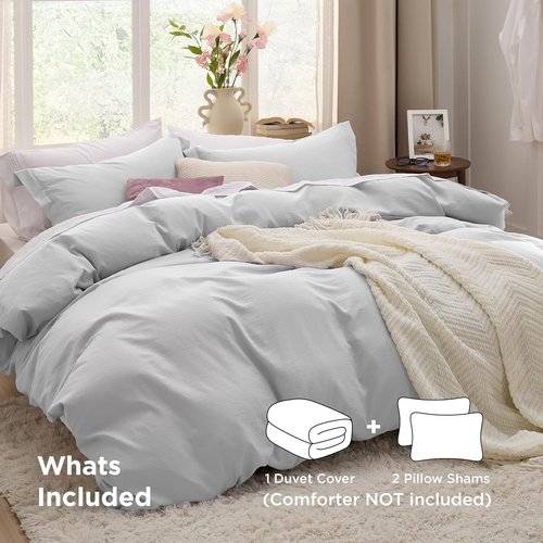 Bedsure King Size Duvet Cover Set - Light Grey Extra Soft Prewashed Cotton-Like Polyester, 3 Pieces with Zipper Closure & 2 Pillow Shams