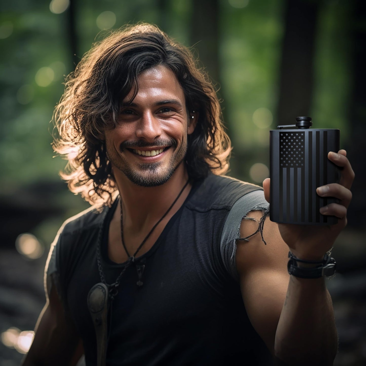 American Flag Liquor Flask - Perfect Holiday Gift for Men, Women, Fathers, or Hard to Shop for People - 304 Stainless Steel Hip Flask (Matte Black, Bonus Funnel, 8 Ounces)