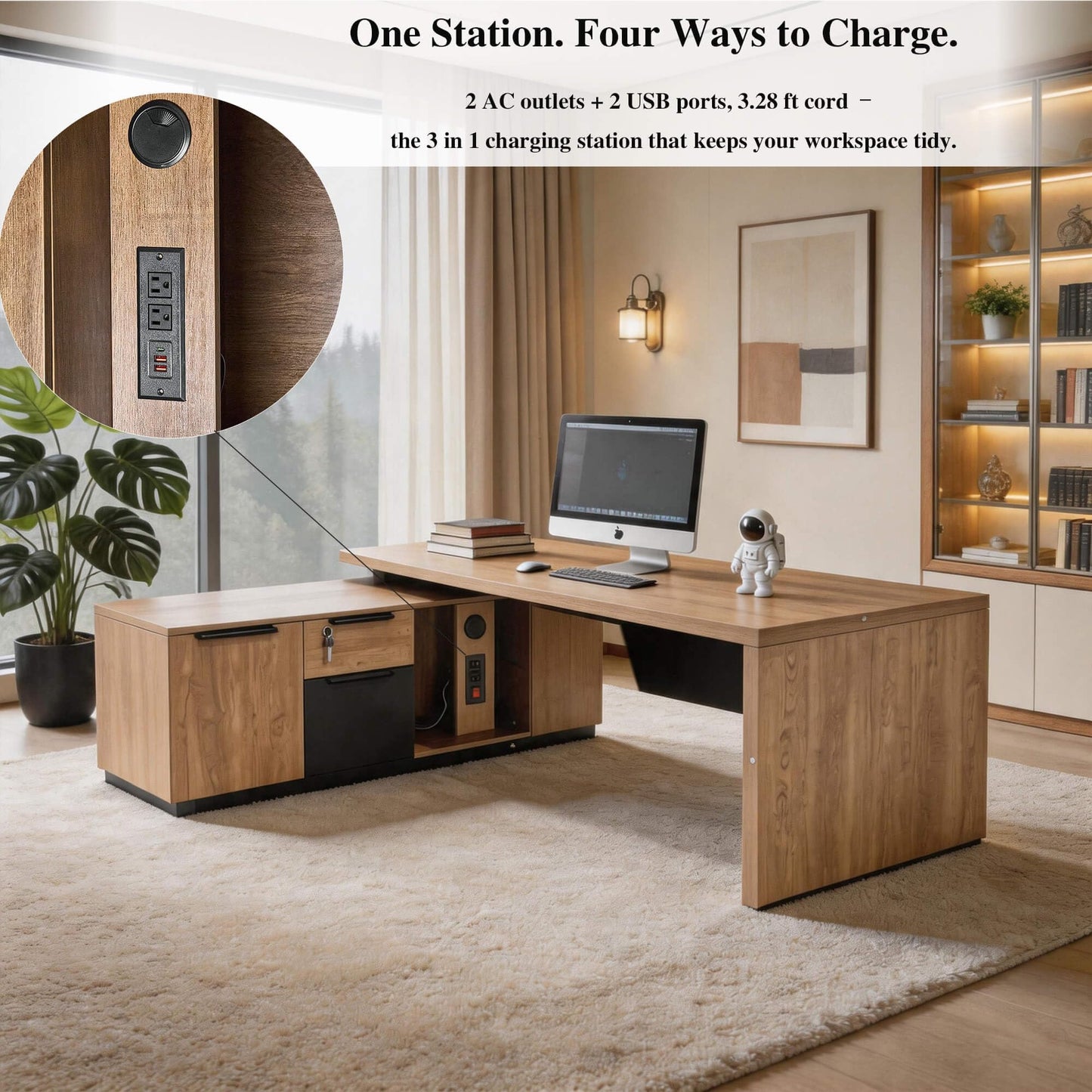 Retractable L-Shaped Executive Desk, Modern Office Desk with locking Drawers and File Cabinet, Large Computer Desk with Storage Shelves, Workstation for Home Office (Left Return, 70.86 - 78.7 IN)