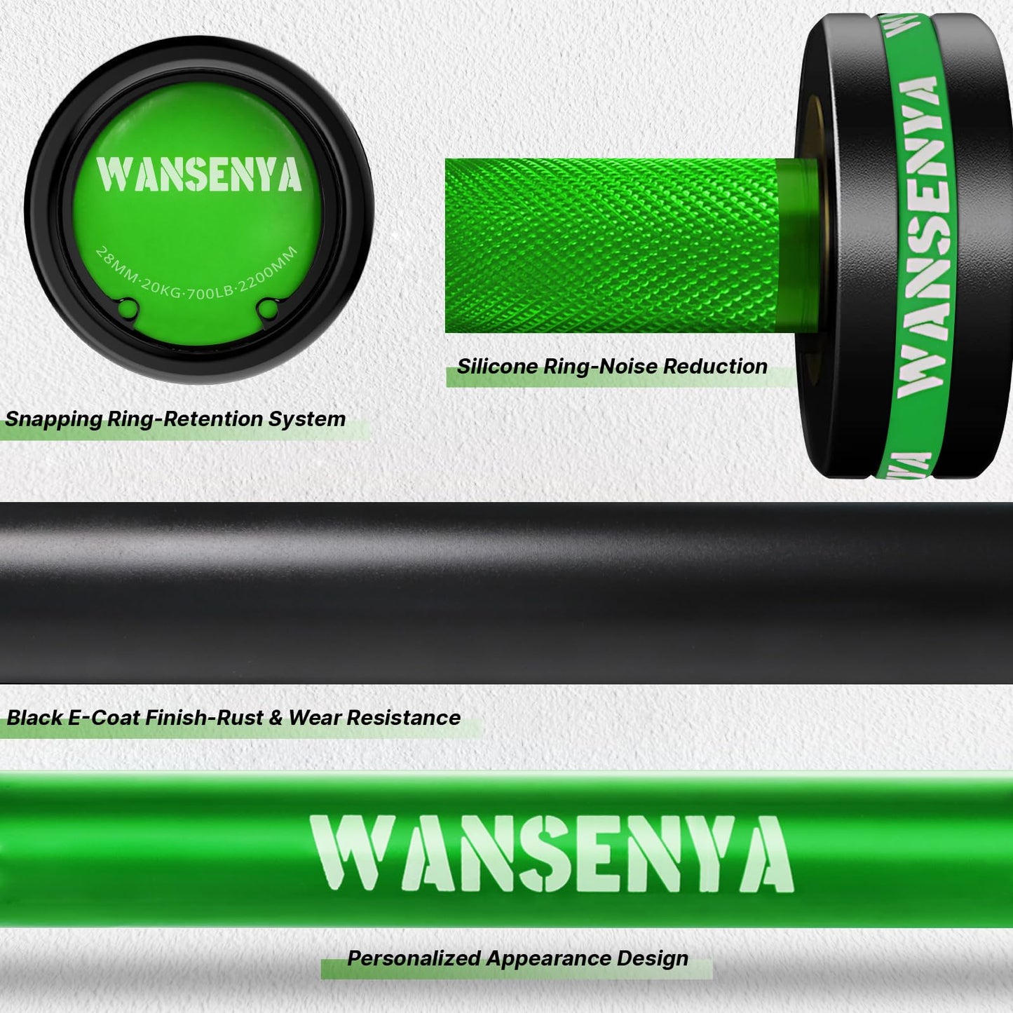 WANSENYA 7FT Olympic Barbell 45lb,28MM 2 Inch Olympic Bar for 700lbs Capacity with No. 45 Steel,Olympic Weight Bars for Lifting,CrossFit,Bench Press,Deadlift,Squats,Strength Training bars,Dark Green