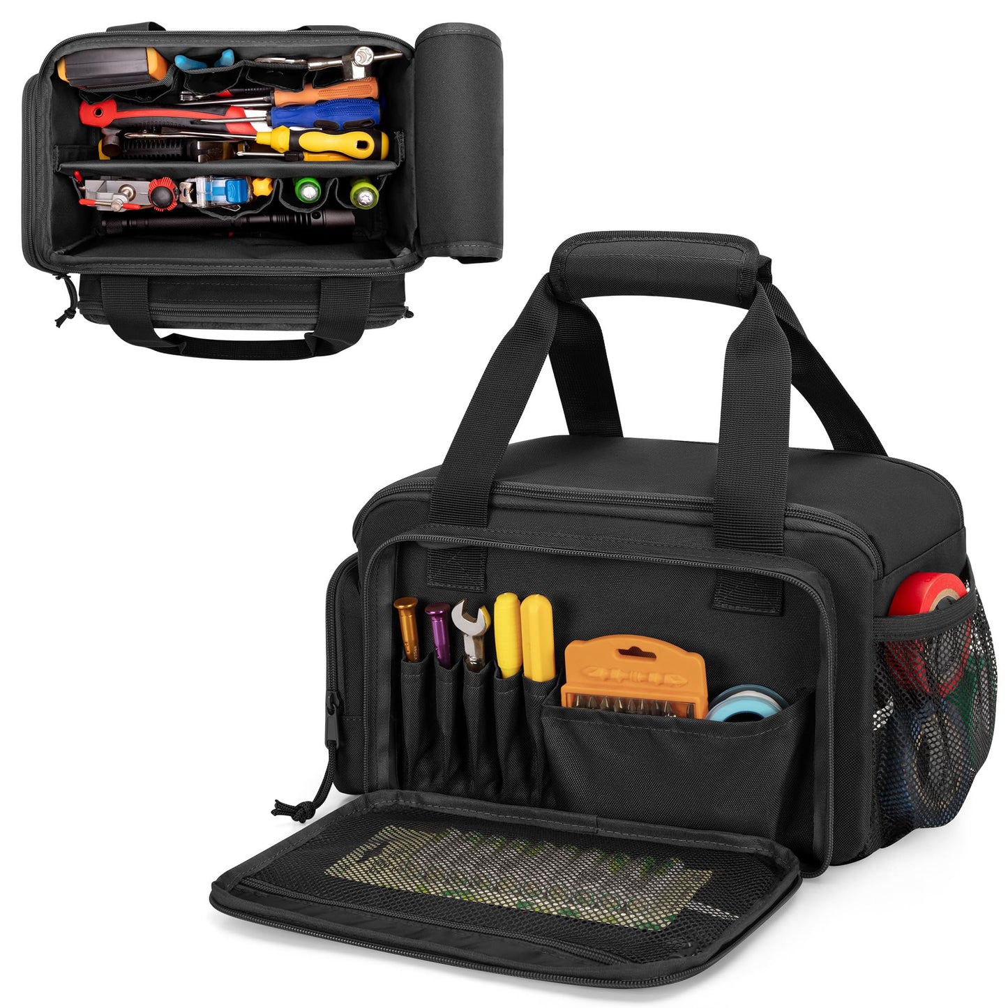 Rexmica 12-Inch Tool Bag with Anti-friction Bottom, Hand Tool Storage Organizer Bag for Men, Tactical Range Bag, Multi-purpose Work Tote for Repairman, Electrician, Carpenters, Handyman, Black