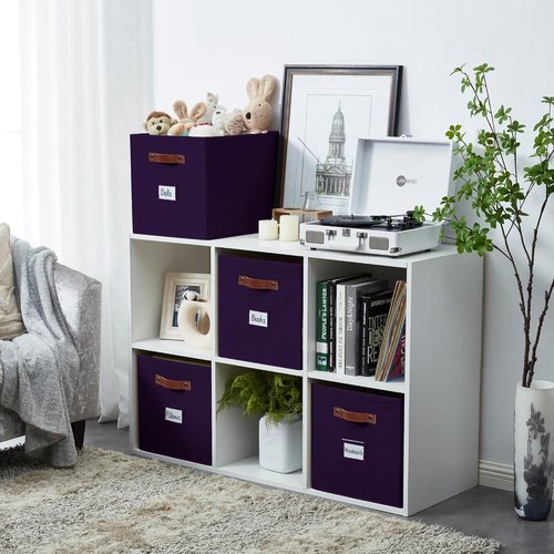DECOMOMO Storage Baskets - 13x15x13 Cube Bins with Labels for Organized Shelves | Deep Violet (4pcs)