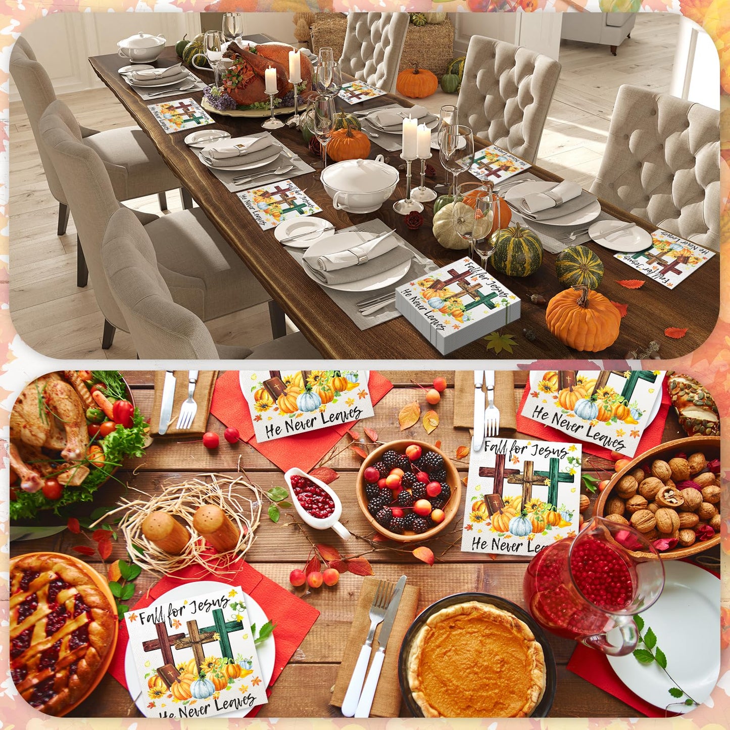 Janlaugh 60 Pcs Fall Paper Napkins Fall for Jesus He Never Leaves Napkin Disposable Autumn Pumpkin Cross Guest Napkins Religious Vintage Dinner Napkin for Autumn Thanksgiving Party Supplies
