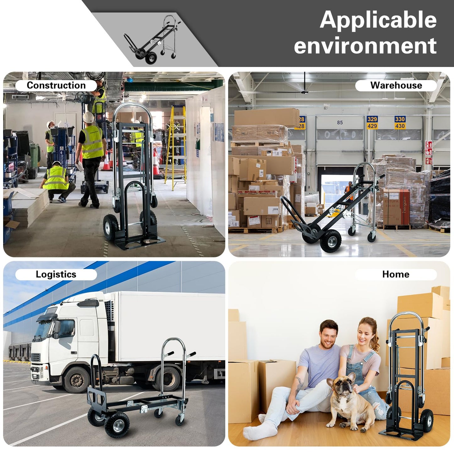 SOUTHHELP 3 in 1 Industrial Convertible Hand Truck Dolly,Dolly Cart with Wheels 1000 Lbs Capacity,Appliance Dolly with Solid Wheels for Moving,Transport in Warehouses,Home,Factory,Supermarket (Black)