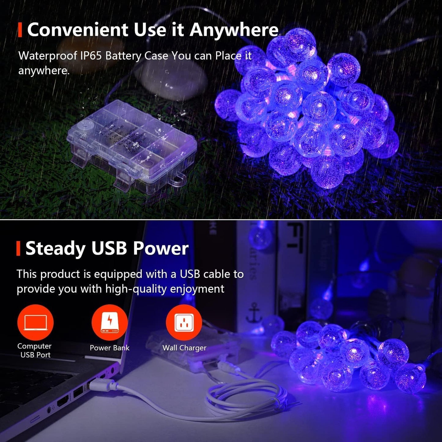 OMIKA Globe Fairy Lights - 15Ft 30LED Battery Operated UV Black String Lights with Remote | Waterproof Indoor/Outdoor Decor