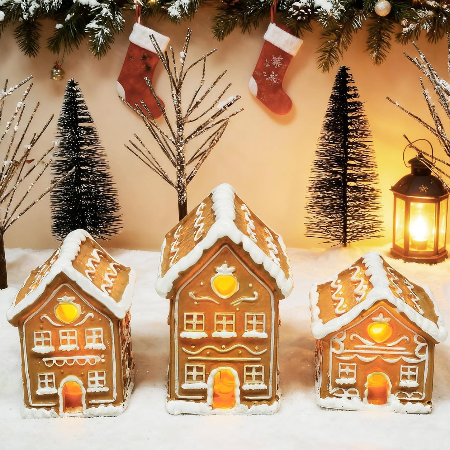 Skiennix Christmas Gingerbread House Kit - 3PCS Resin Mini Village Decorations for Home Decor