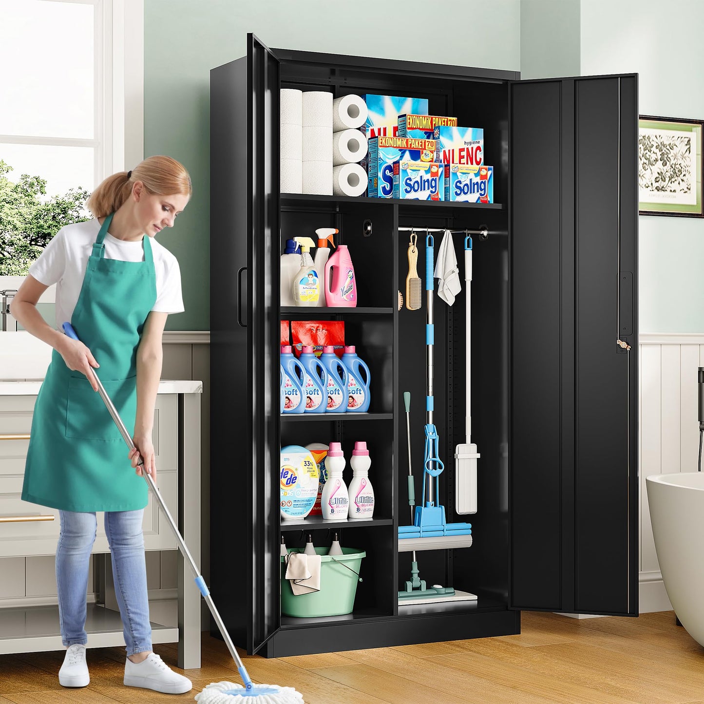 Wide & Deep Metal Storage Cabinet with Hanging Rod,Black Broom Closet Storage Cabinet with Lock,72" Tall Wardrobe Cabinets with Doors and Shelves,Locking Steel Tool Cabinets for Home,Office,Garage