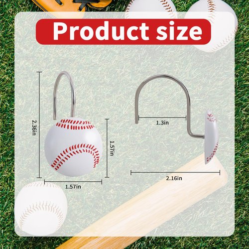 CTOHN 12PCS Baseball Shower Curtain Hooks, Sports Stainless Steel Decorative Shower Hangers Rings for Bathroom Decor