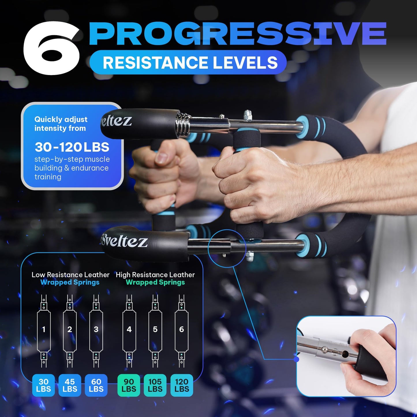 Sveltez Twister Arm Trainer for Men & Women – Upper Body Strength Bar, Chest Expander & Forearm Exerciser, Heavy-Duty Home Workout Equipment for Arm Muscle Training, 30-120 lbs Resistance (Blue)