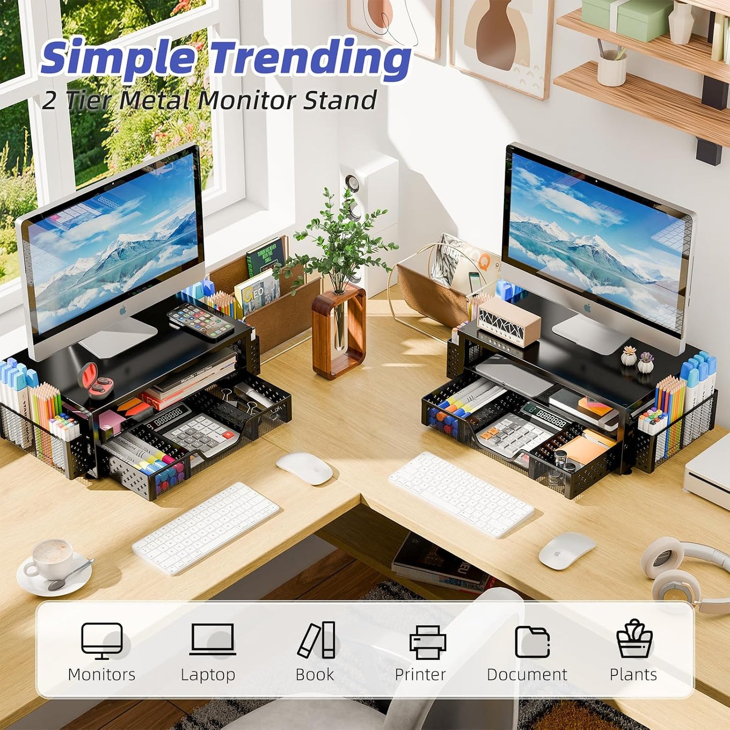 2-Tier 2 Simple Trending Desk Organizer and Accessories, Computer Monitor Stand Riser with Drawer and Pen Holders