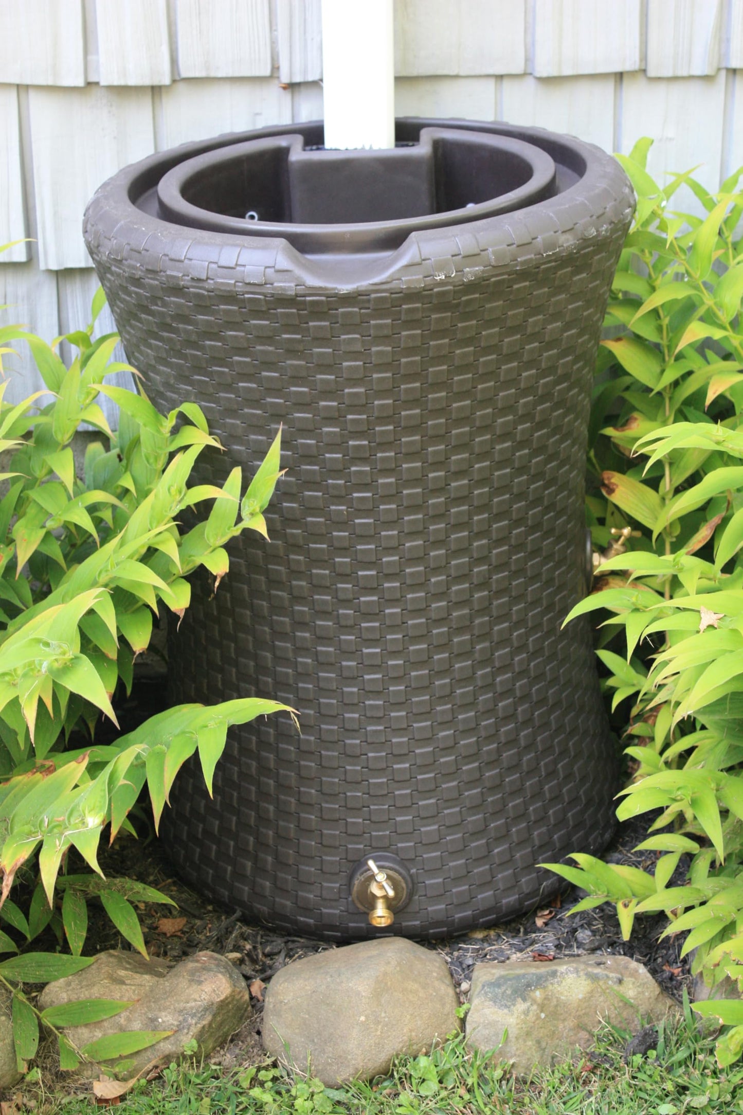 Good Ideas Impressions 50 Gallon Nantucket Outdoor Home Rain Barrel Water Storage Collector with Garden Planter and Brass Spigot, Dark Brown