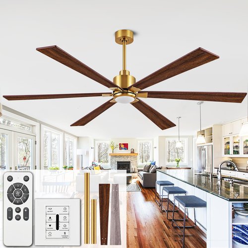 ducrew 72-Inch Ceiling Fan with Light and Remote Control, 6-Blade Wooden Fan for Large Rooms, Matte Gold Finish, Silent Reversible Motor