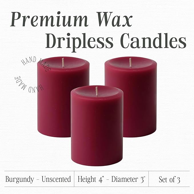 Mister Candle Dripless Unscented Pillar Candles, Set of 3 Hand Poured Solid Color Non-Scented Candles for Home Decor, Premium Wax, 60 Hr Burn Time - 3x4 Inch, Burgundy