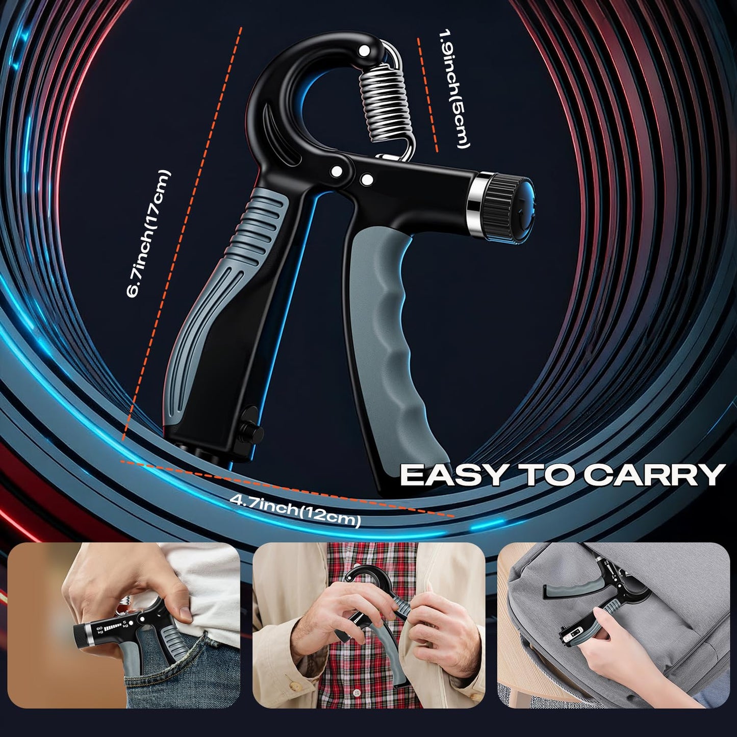 JTHEW Grip Strength Trainer - Adjustable Resistance 11-132lbs/5-60kg Hand Gripper & Forearm Strengthener Device with Smart Counter for Sports & Rehab (black grey, 5-60kg)