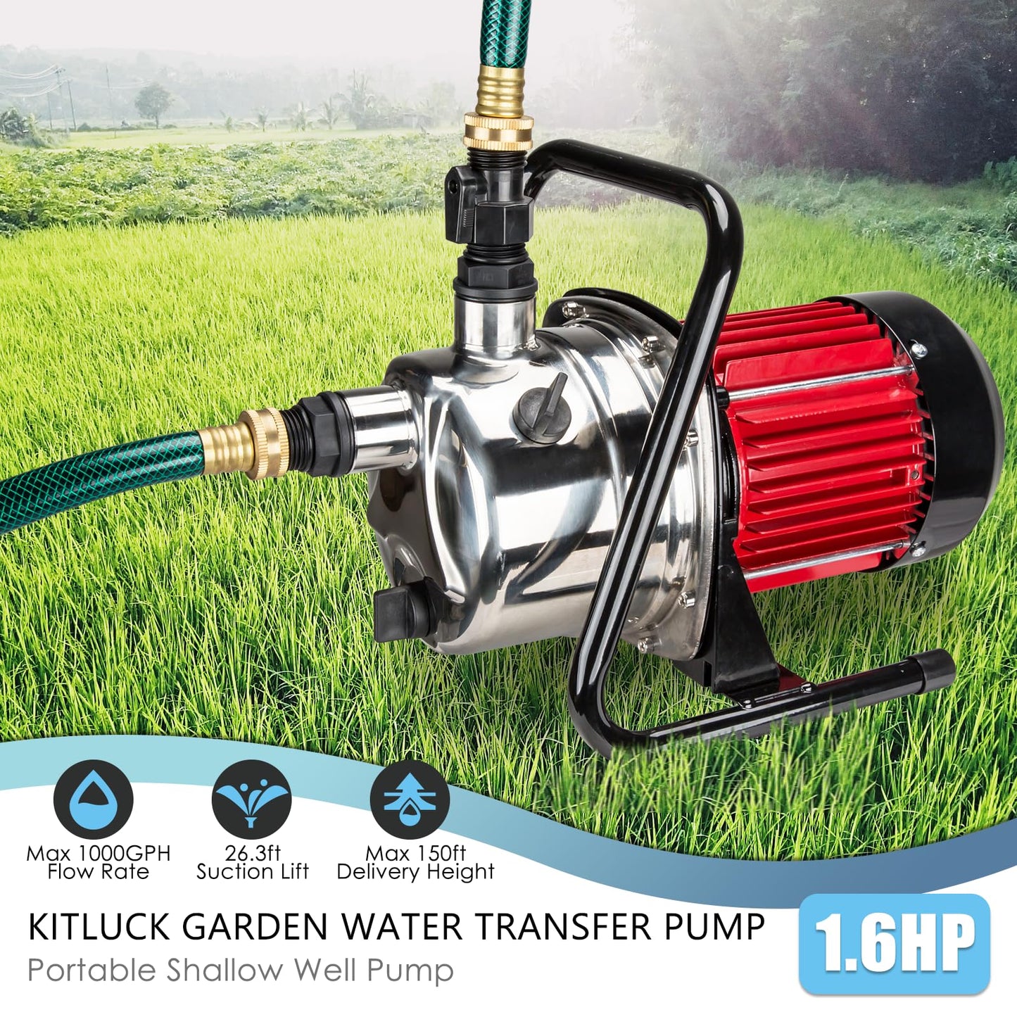 Water Transfer Garden Pump, 1.6 HP 1000GPH Portable Electric Shallow Well Jet Pump, Stainless Steel Sprinkler Pressure Booster Pump for Pool Draining, Lawn Fountain, Irrigation, Water Removal