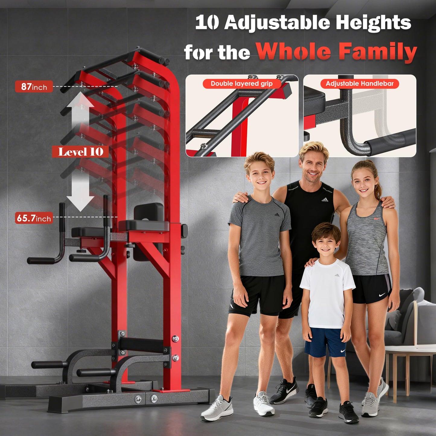 DlandHome Power Tower Pull Up Bar Station, Heavy Duty Adjustable Height for Home Gym Strength Training Equipment 330LBS Weight Capacity, Pull Up Dip Station, Red