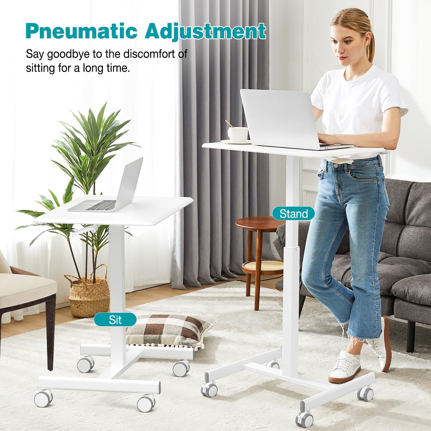 DUMOS Small Standing Desk Mobile Portable Rolling Laptop PC Table on Wheels Adjustable Height Computer Workstation for Home Office Small Space, 19 Inch, White