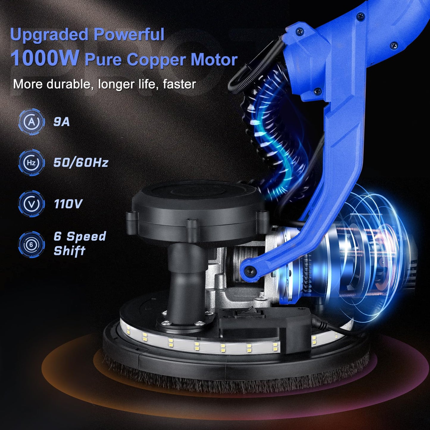 Drywall Sander, 1000W Popcorn Ceiling Removal Tool, Foldable Automatic Drywall Sander with Vacuum Dust Collection, LED Light, 6 Variable Speed 800-2200RPM,15Pcs Sanding Discs (Blue）