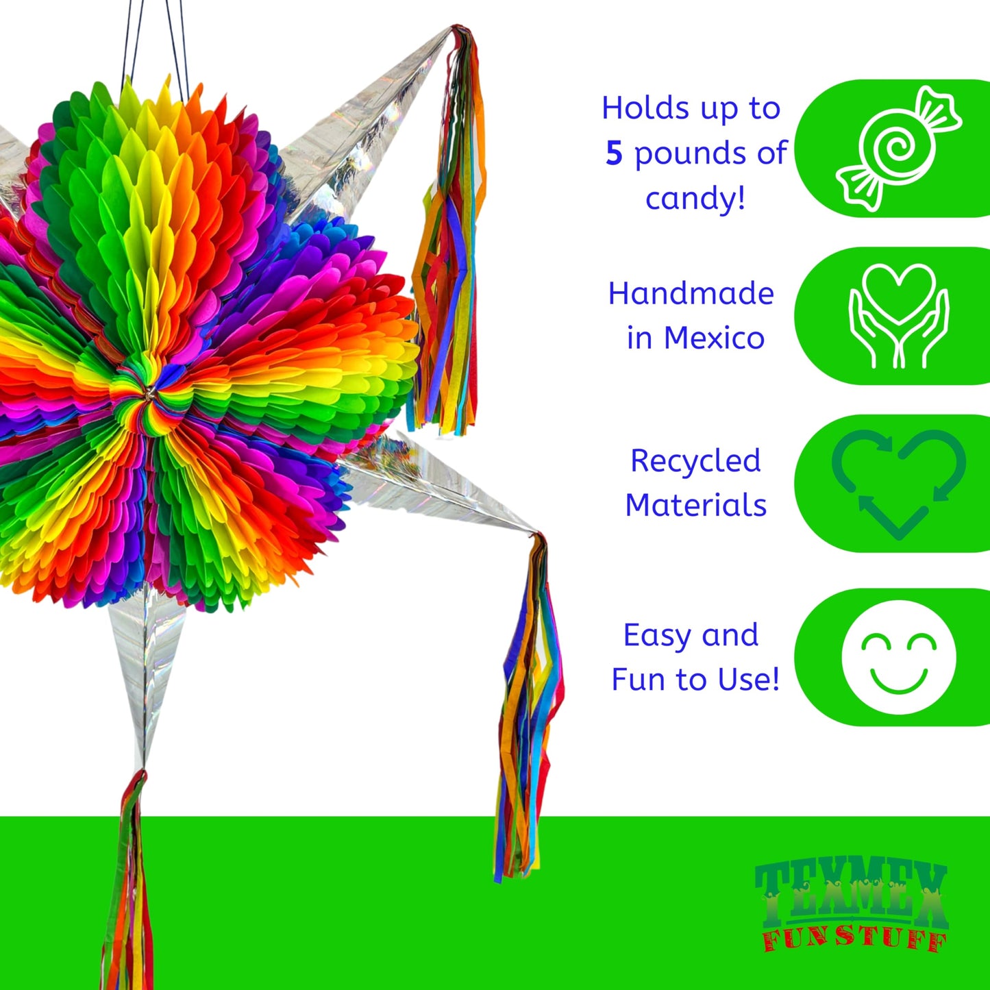 Mexican Pinata – Jumbo 33” Rainbow Piñata with 25-ft Rope Included – Easter Piñata, Pride Pinata, Holds 5 lbs of Candy – TexMex Fun Stuff