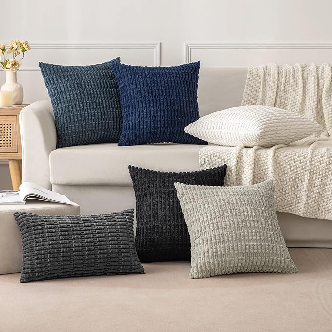 MIULEE Pack of 2 Corduroy Decorative Euro Sham Throw Pillow Covers 24x24 Inch Soft Boho Striped Pillow Covers Modern Farmhouse Home Decor for Summer Coastal Sofa Living Room Couch Bed Dark Blue