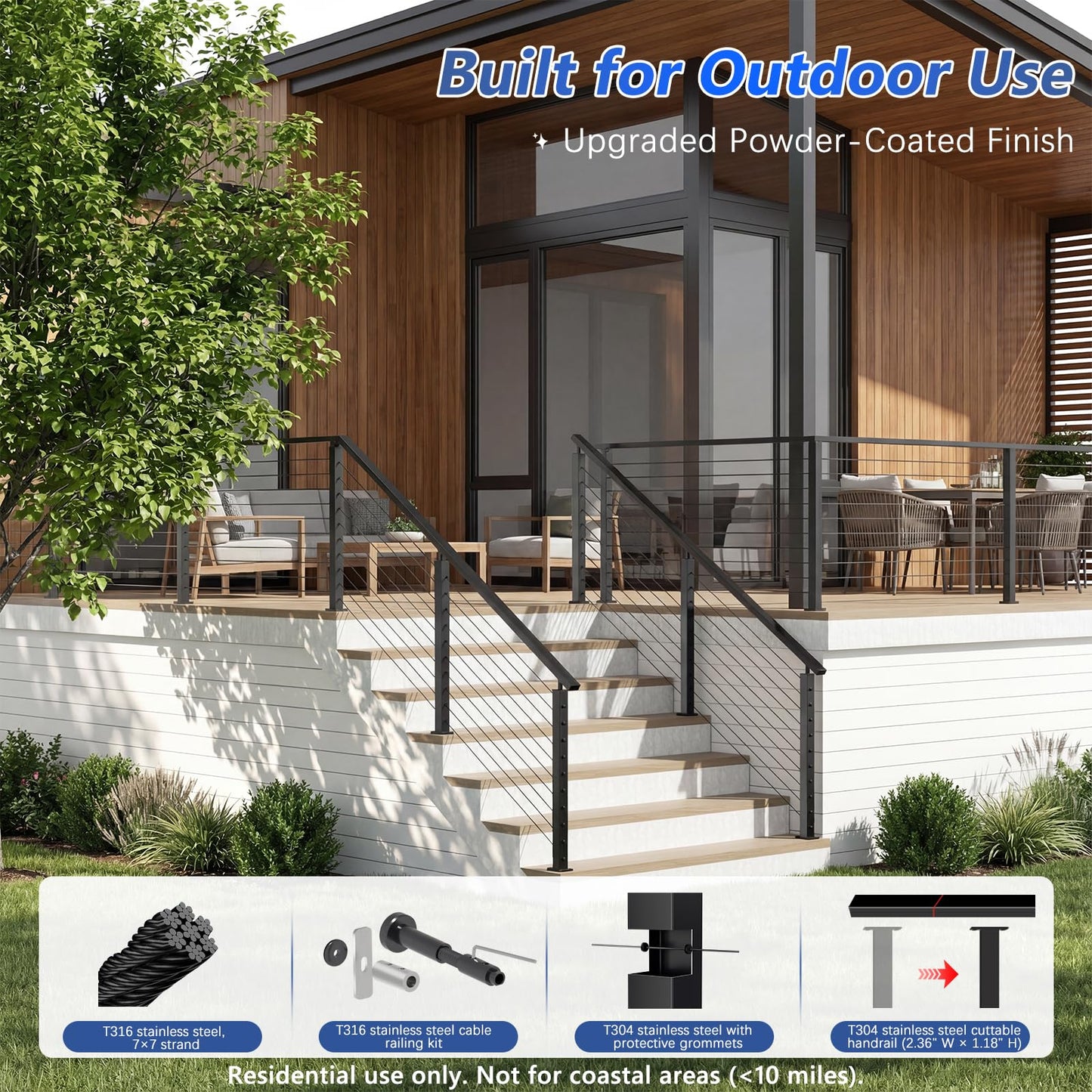 Zylorix 36" Swageless 16-20FT Black Complete Cable Railing System Post Kit with Handrail Cuttable, T304 Stainless Steel, Modular Pre-Cut 1/10" Cable Railing Kit with Level Post Easy DIY for Deck Porch