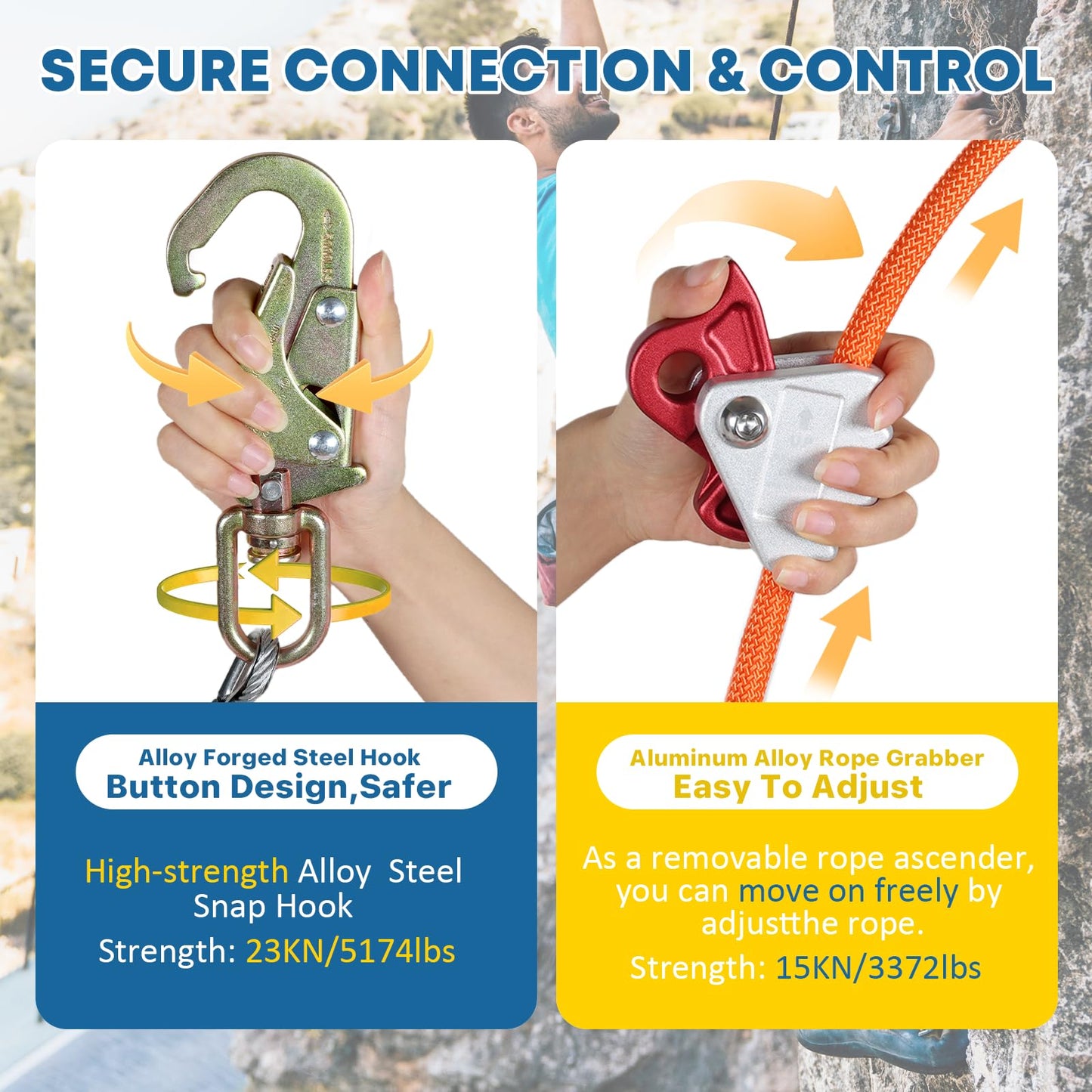 KLYTORX Flip Line Tree Climbing Rope 1/2" X 16ft Steel Core - Triple Lock Carabiner Adjuster & Steel Swivel Snap, Better Grab, Low Stretch & Cut Resistant Fall Protection Gear