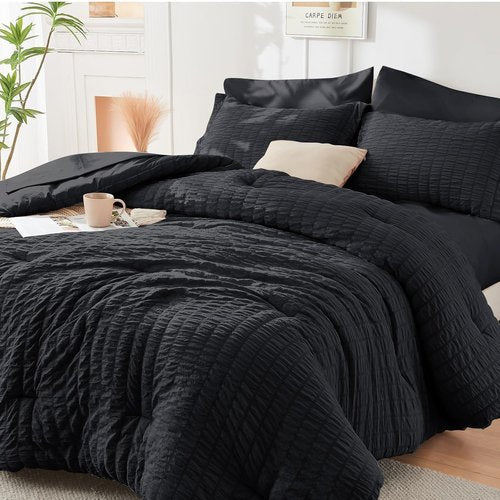 HYMOKEGE Queen Comforter Set - Black Oversized 7-Piece Seersucker Luxury Bedding | All-Season Comforter, Sheets & Pillowcases