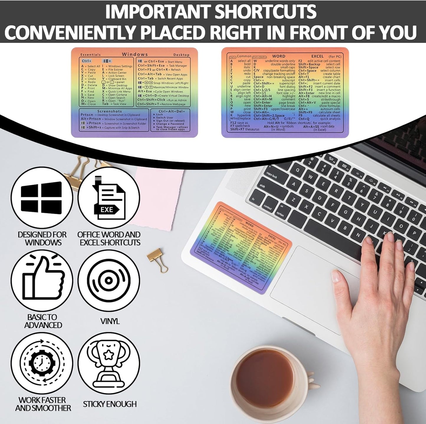 LLOUSSAK 4pcs Windows Shortcut Sticker, Excel Cheat Sheet, Shortcut Stickers for Laptop, Reference Guide Keyboard