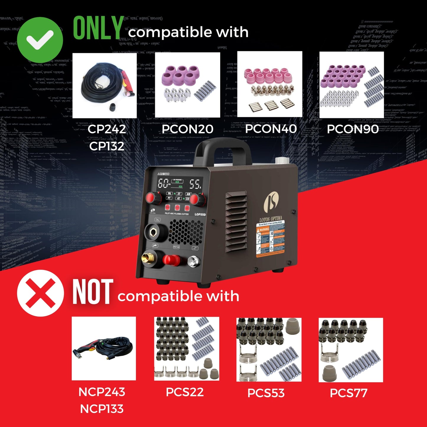 LOTOS LOP55D 55A Plasma Cutter, 1/2" Clean Cut (3/4" Sever), Non-Touch Pilot Arc, Dual-Voltage 110/220V, LED Panel, Portable Air Plasma Cutting Machine for DIY, Auto, Farm, HVAC