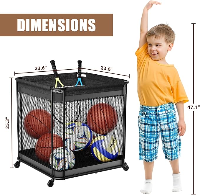 VOPEAK Oversized Rolling Ball Storage Cart with Lockable Wheels, Ball Storage Organizer with Mesh Basket, Sports Ball Rack for Indoor Outdoor, Metal Sports Equipment Organizer for Garage Gym School