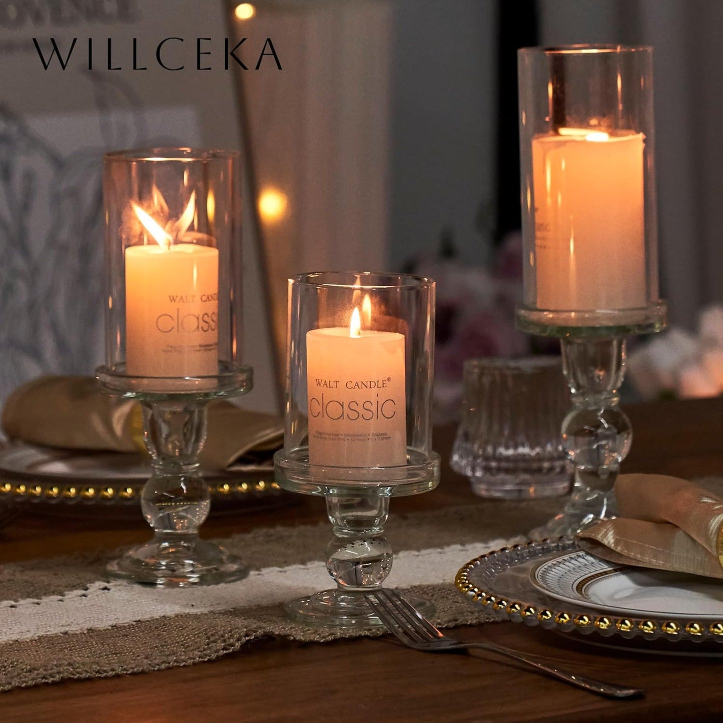 Skiennix Clear Candle Holder Set - 3 Pcs Glass Pillar Holders for Taper Candles | Elegant Design