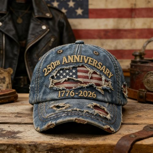 250th Anniversary USA Hat - Ripped Denim Baseball Cap for Men & Women | Celebrate America's Heritage