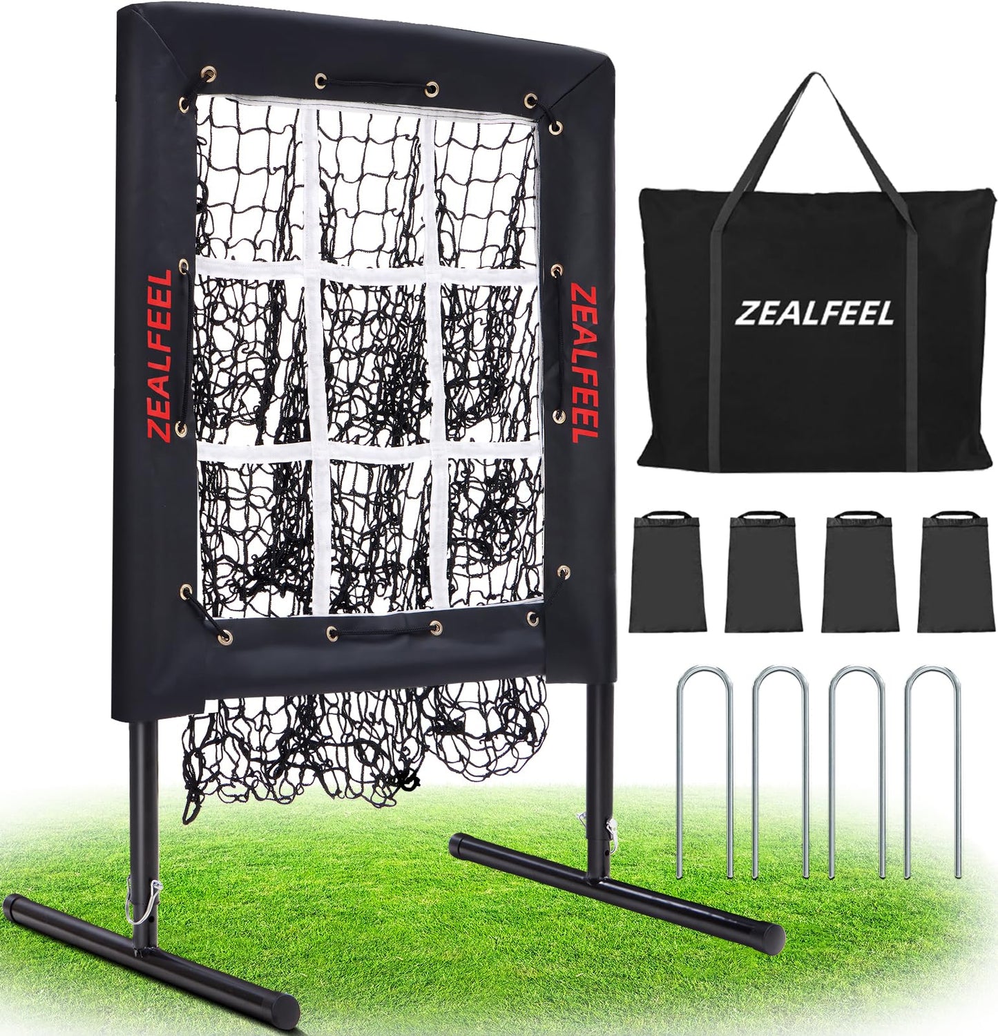 ZEALFEEL Baseball Pitching Net, 9 Hole Pitching Target Net with Strike Zone, 5 Height Adjustable Throwing Trainer, Heavy Duty Baseball Softball Net with Carry Bag for Solo Practice