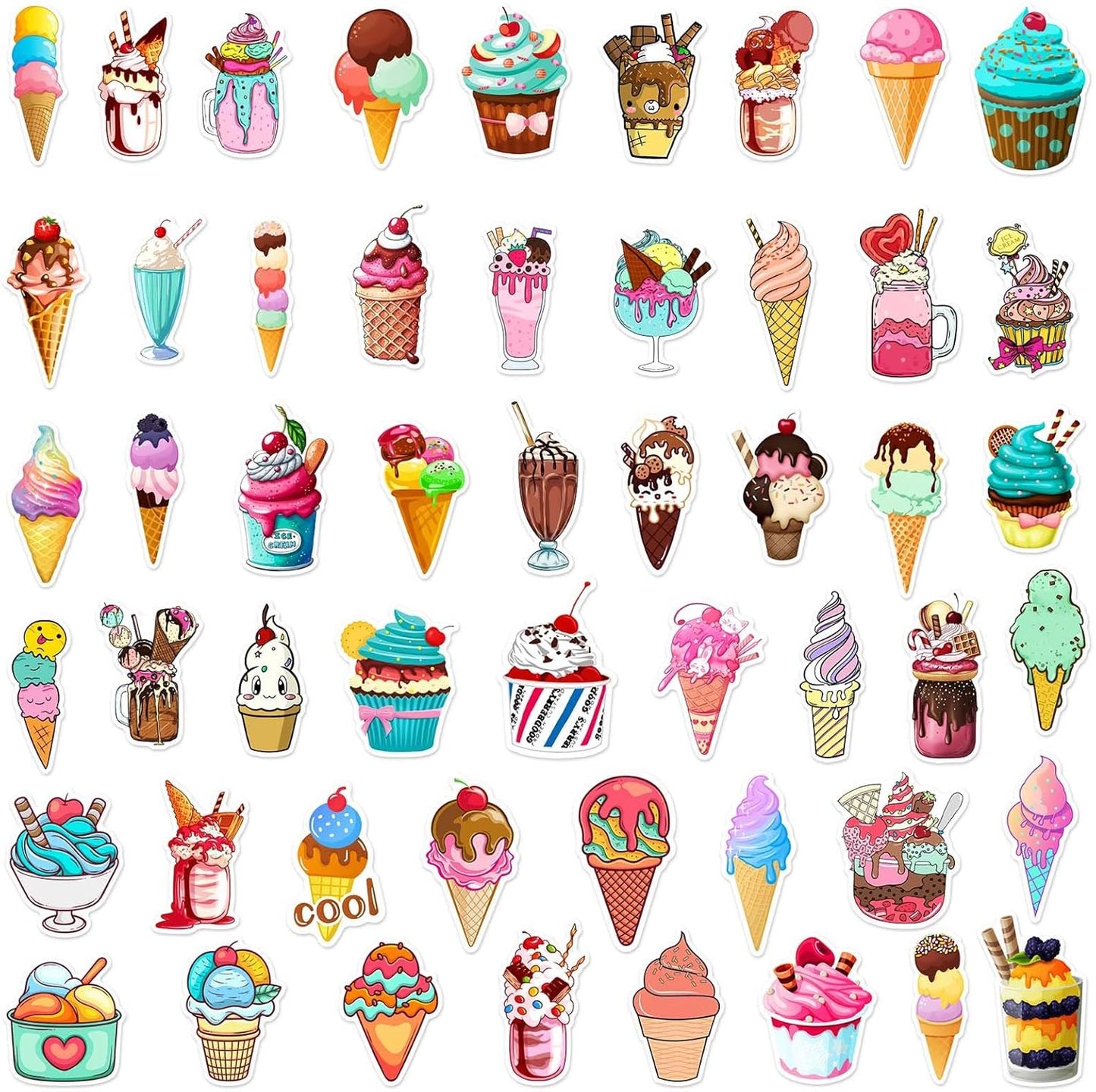 ZESHENGBD 50Pcs Ice Cream Cone Stickers Waterproof Vinyl Decals for Adult Teen Kids Cup Water Bottles Laptop Luggage