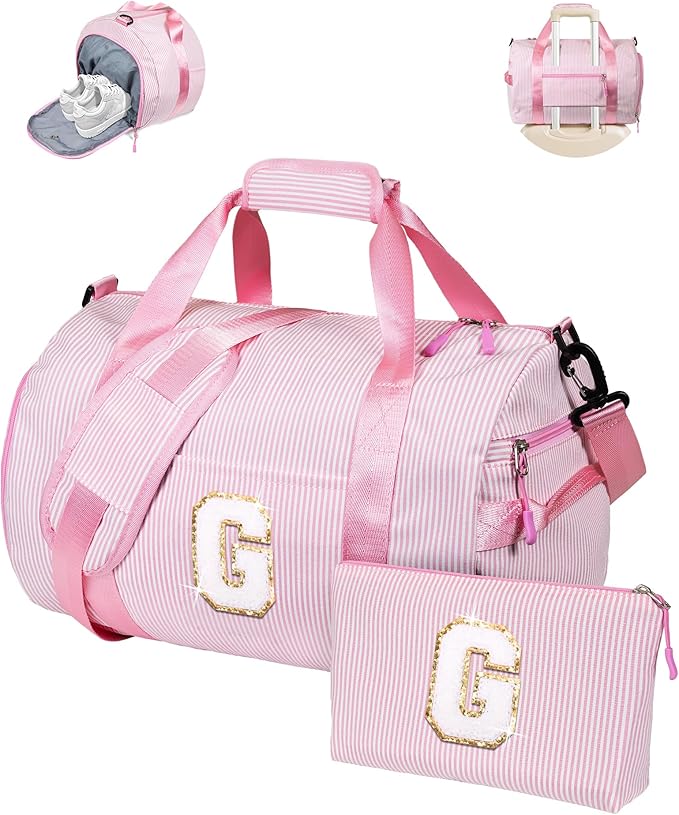 Dance Recital Gifts for Girls, Girl Gym Bag, Kids Initial Overnight Duffel Bags with Shoe Compartment, Personalized Travel Bag with Makeup Pouch, Gift for 5 6 7 8 9 Year Old Kid (Letter G)