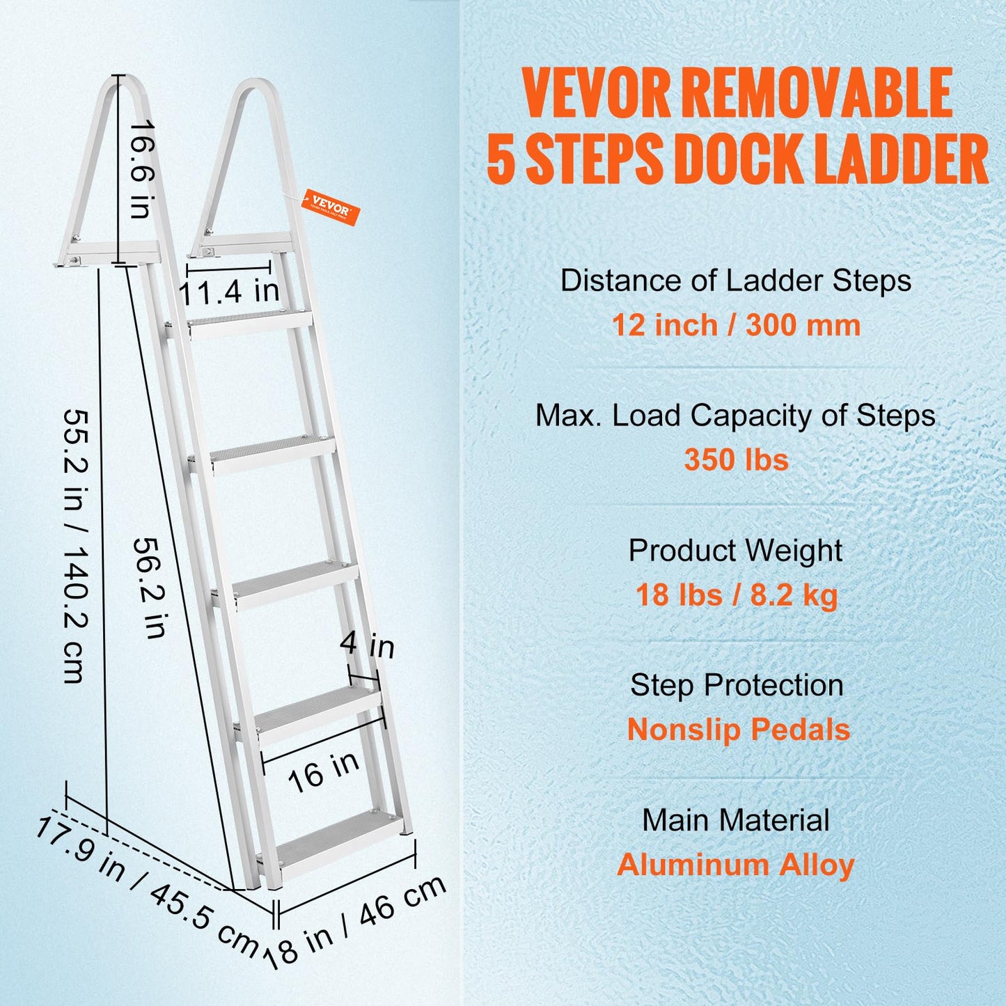 VEVOR Removable Dock Ladder 5 Steps, 350 lbs Load Capacity, Pontoon Boat Ladder with 4'' Wide Step & Nonslip Mat for Ship/Lake/Pool/Marine Boarding