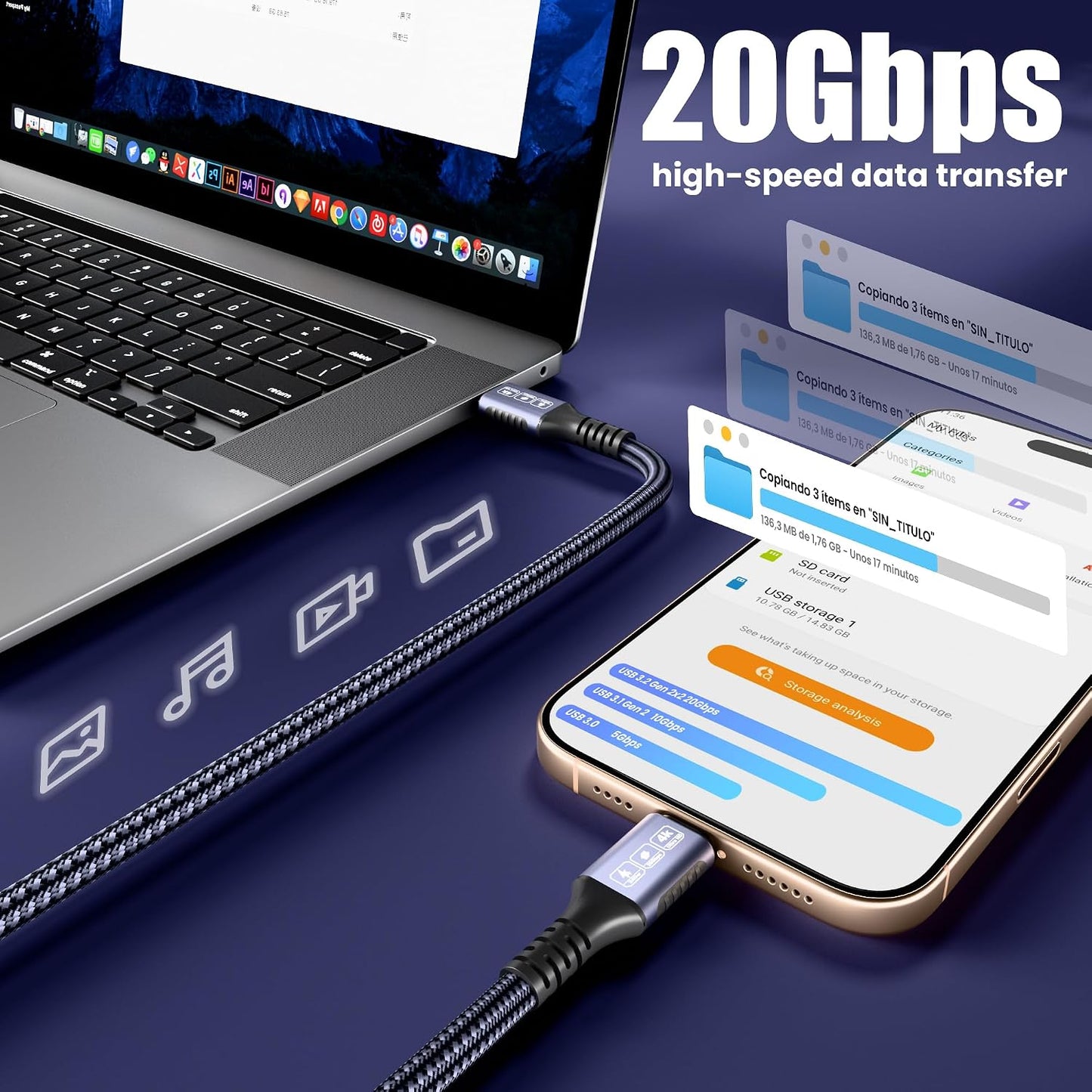 Arkidyn 20ft, 240W 20Gbps 4K@60Hz 17/16/15, USB C to USB C Cable PD Fast Charging, Data Transfer, Video Cable, Durable