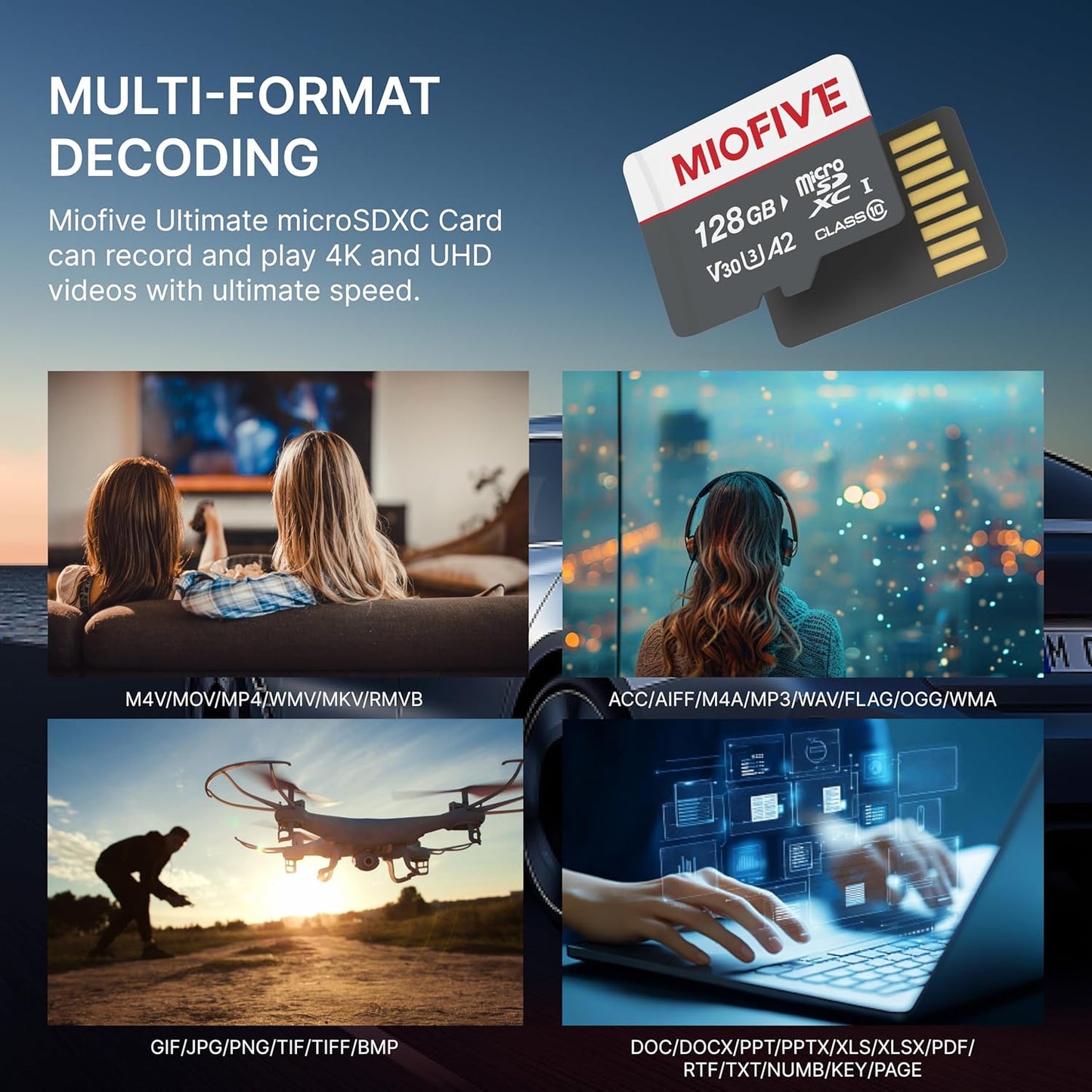 Miofive 3.0 170MB/s, C10, U3, A2, V30, 4K (128GB) Memory Card - Ultimate Micro SD Card with USB Type-C Card Reader