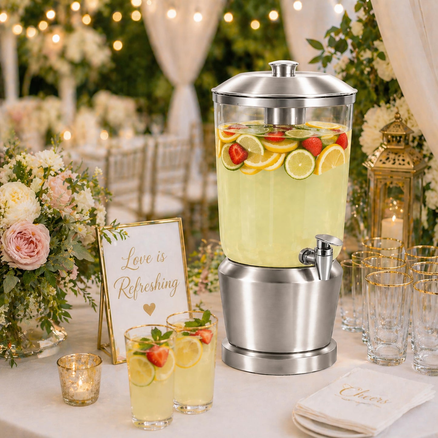 Drink Dispenser with Ice Chambers, Lemonade Tea Water Dispenser with Spigot, Stainless Steel Beverage Jar Jug, Perfect for Home Parties, Weddings, Gifts & Events (Silver, 3, Gallons)