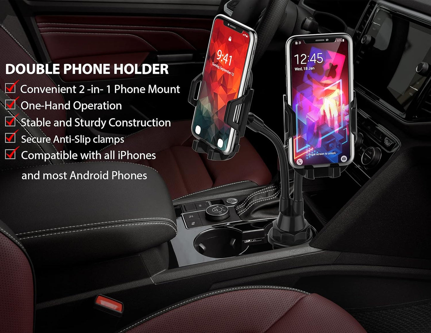 CAVIANA 360 2 Dual Phone Holder for Car Cup Holder Long Flexible Neck, Rotatable Car Phone Mount - Adjustable Cell Cup