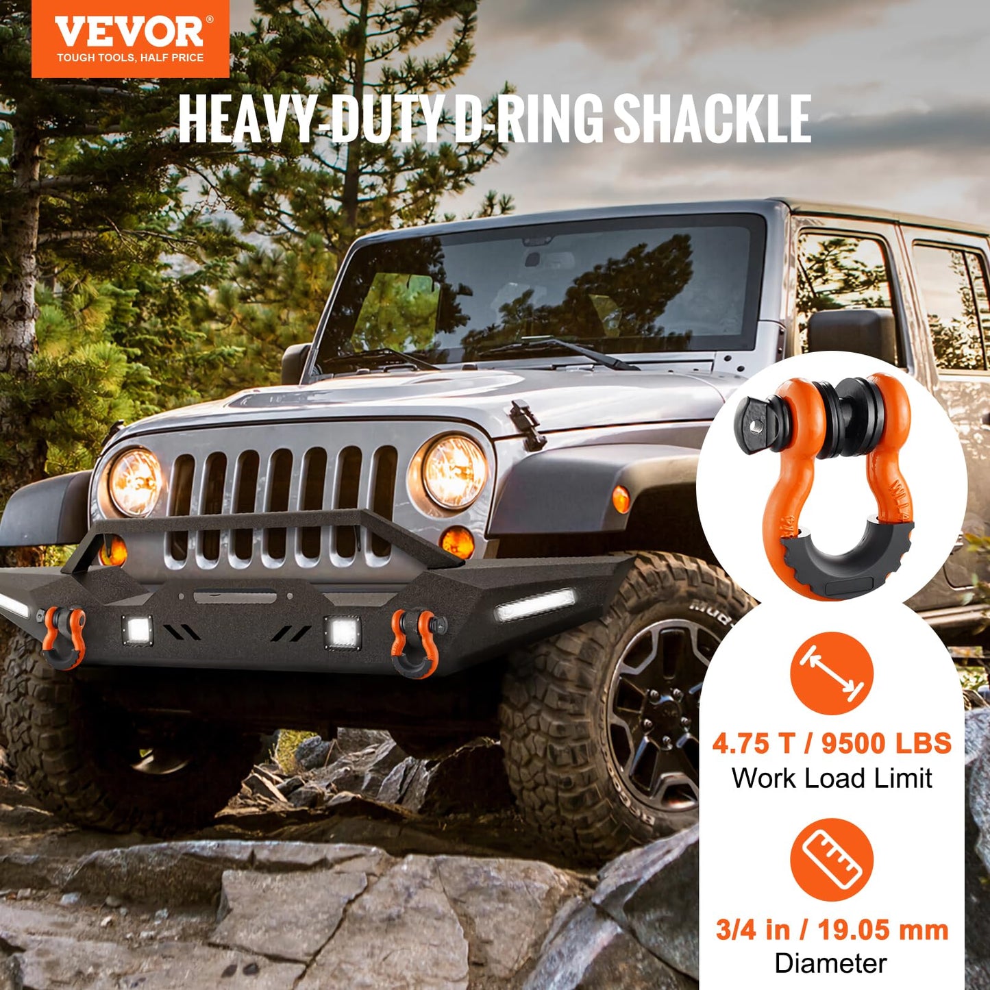 VEVOR 3/4" D Ring Shackle, Orange Shackles for Truck with 7/8” Screw Pin 62832 lbs(28.5 Ton) Break Strength Black Isolator Washers Kit, Winch Towing Shackle for Truck Jeep Heavy Duty Off Road Recovery