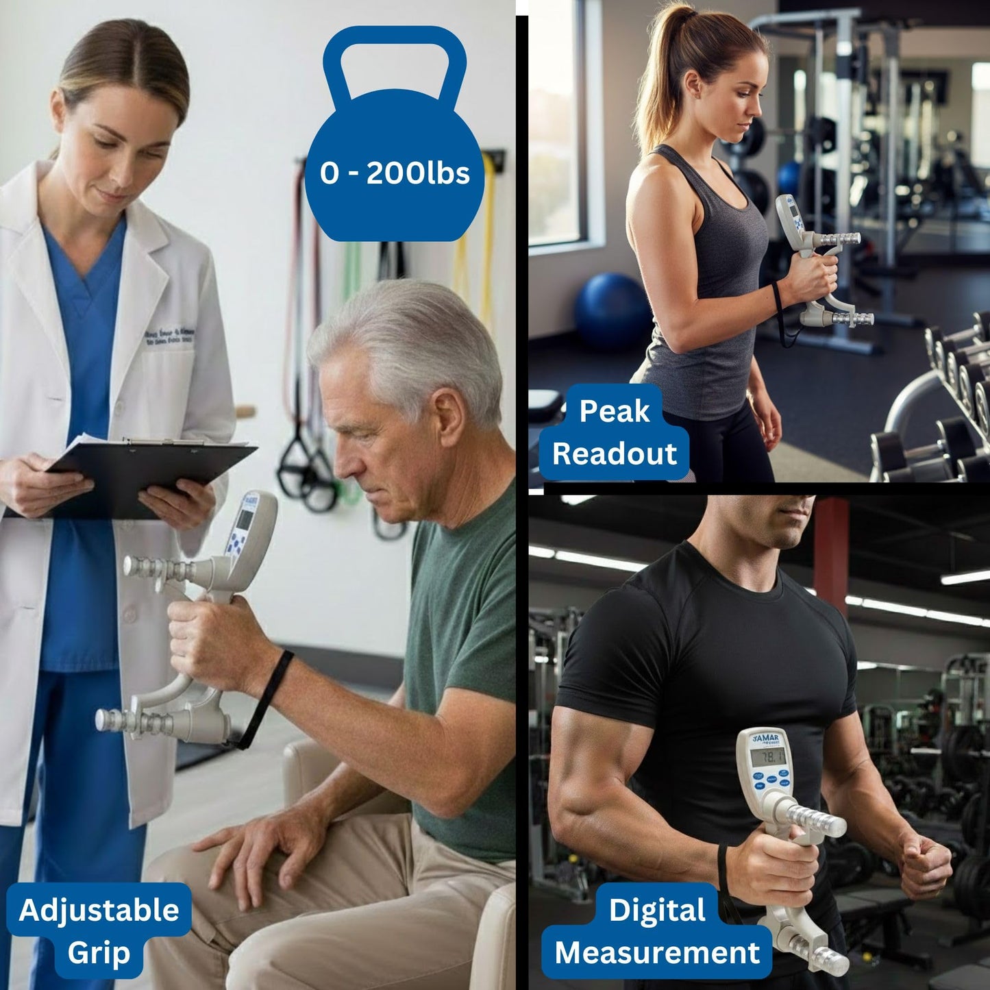 Jamar Smart Hand Dynamometer, Digital Lightweight Max Force Indicator to Measure Hand & Grip Strength, Cordless Device with Wireless Connection to Mobile App, Easy Squeeze Adjustable Evaluation Tool