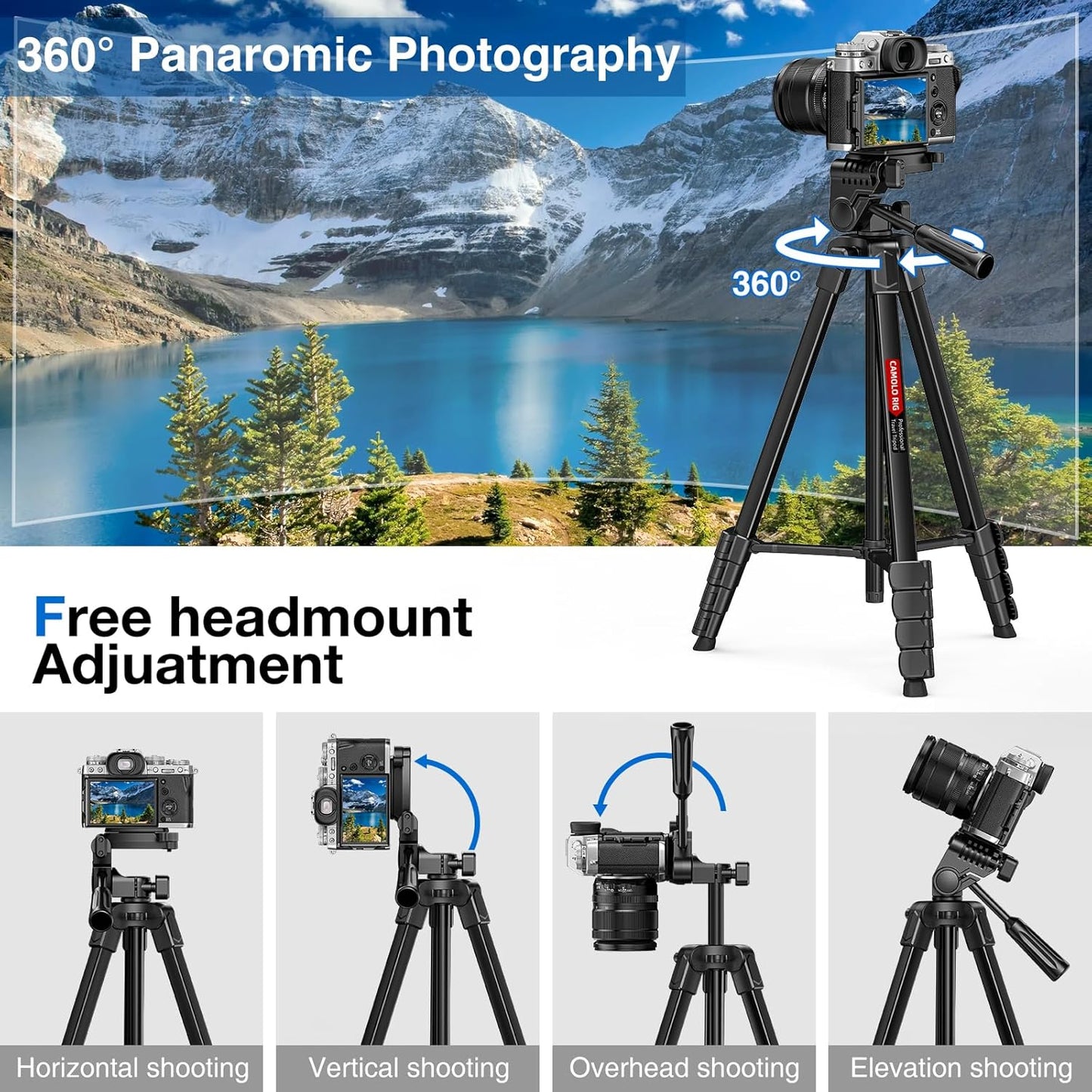 CAMOLO RIG 17-67.3 Inch Camera Tripod with Phone Holder, Camera Tripod Adjustable Height, Cold-Shoe Mount, Carrying Bag