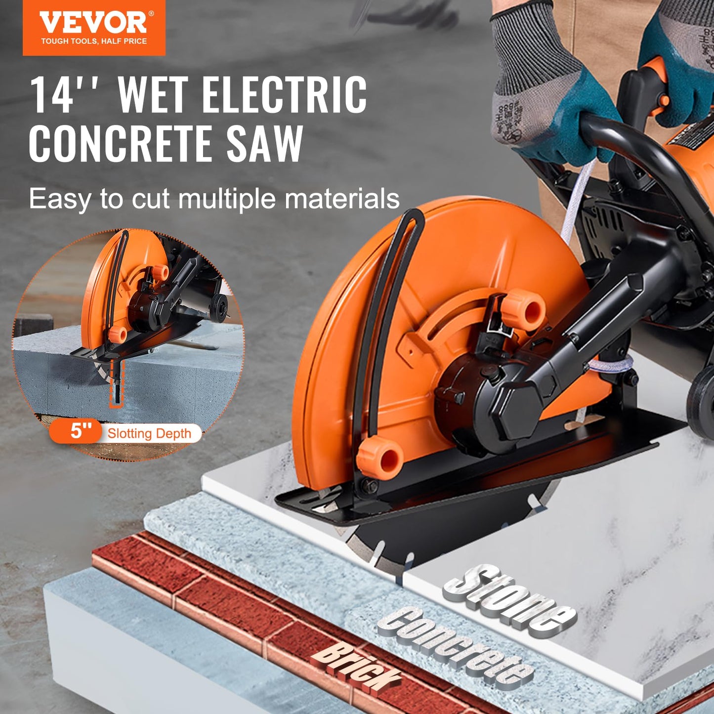 VEVOR Electric Concrete Saw, 14 in, 2600 W Motor Circular Saw Cutter with Max. 6 in Adjustable Cutting Depth, Wet Disk Cutter Includes Water Line, Pump and Blade, for Stone, Brick