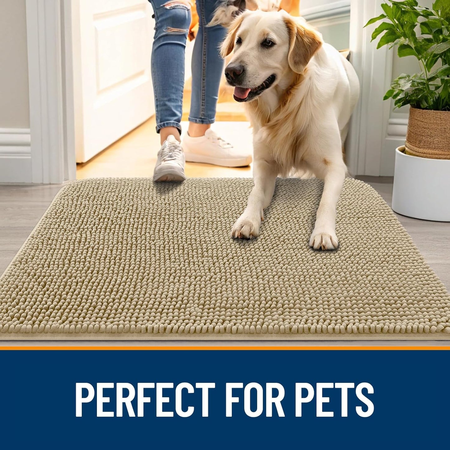 OLANLY Dog Door Mat - Absorbent Non-Slip Washable Chenille Mat for Muddy Paws | 40x32, Beige