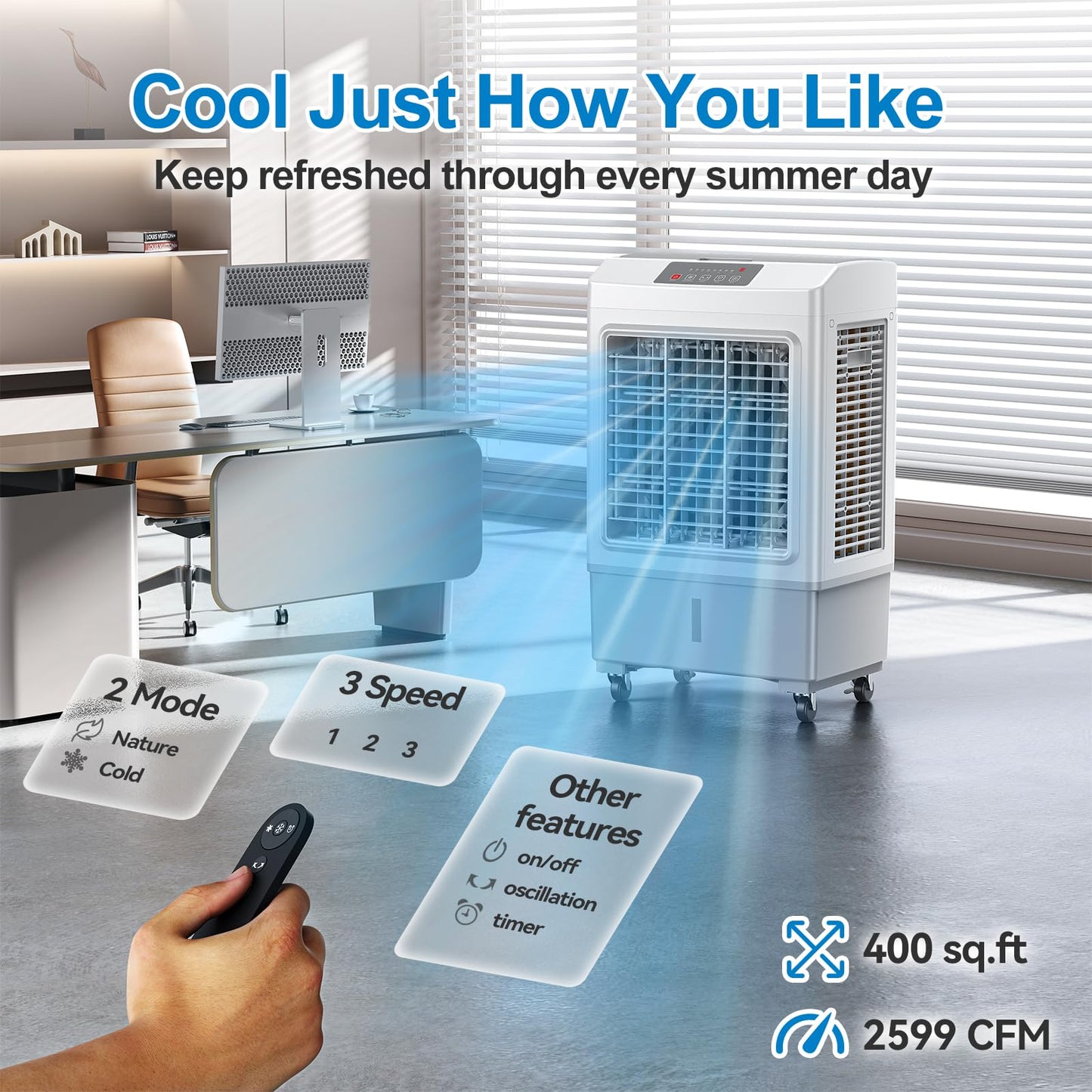 Large Windowless Portable Air Cooler, 3 in 1 Evaporative Swamp Cooler with Remote, Hoseless Ventless Fan Ac Unit, 7H Timer, 8 Gal Water Tank, 4 Ice Box for Garage, Bedroom Home Outdoor
