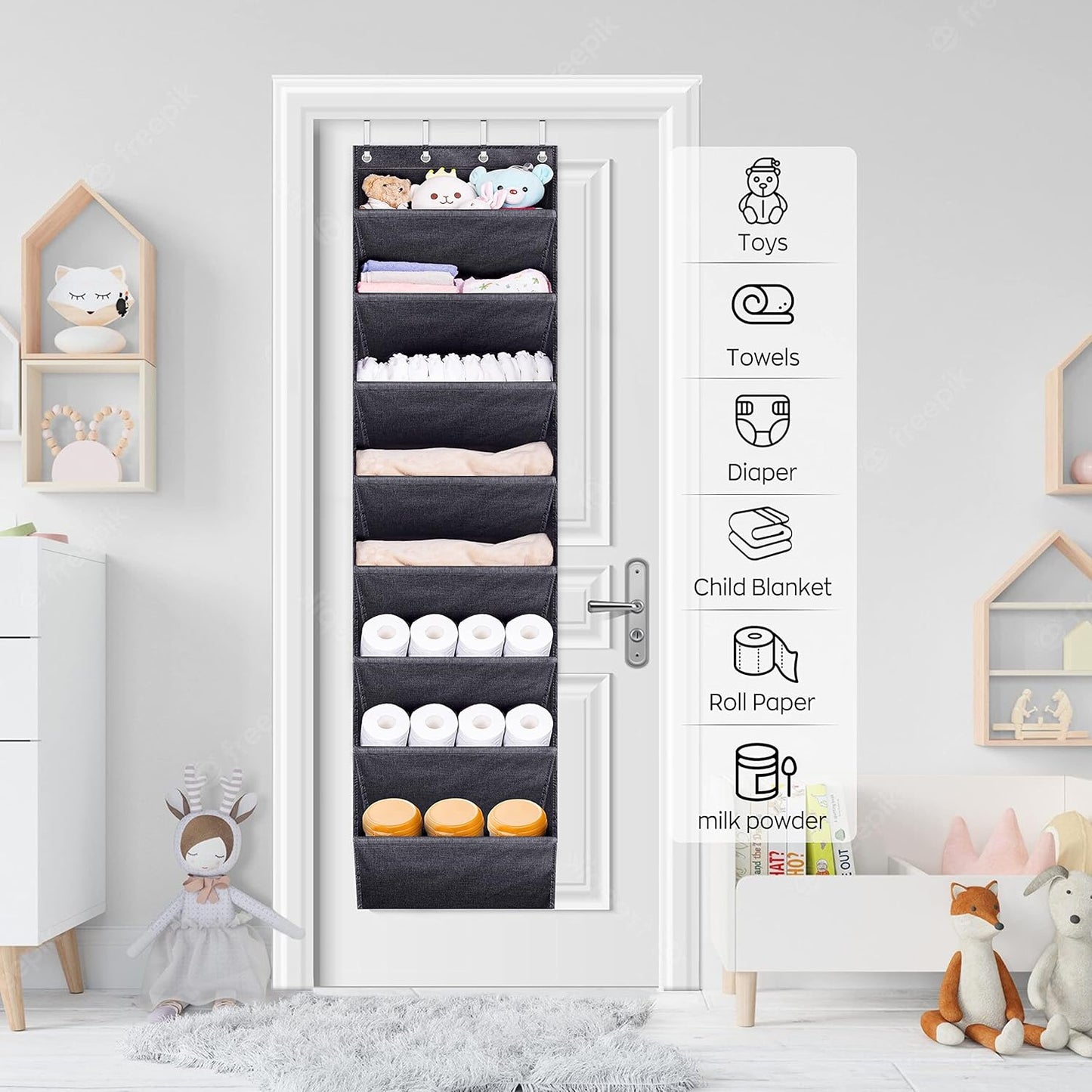 Sleeping Lamb Over The Door Shoe Organizer - Large Deep Pockets for Boots Storage | Black